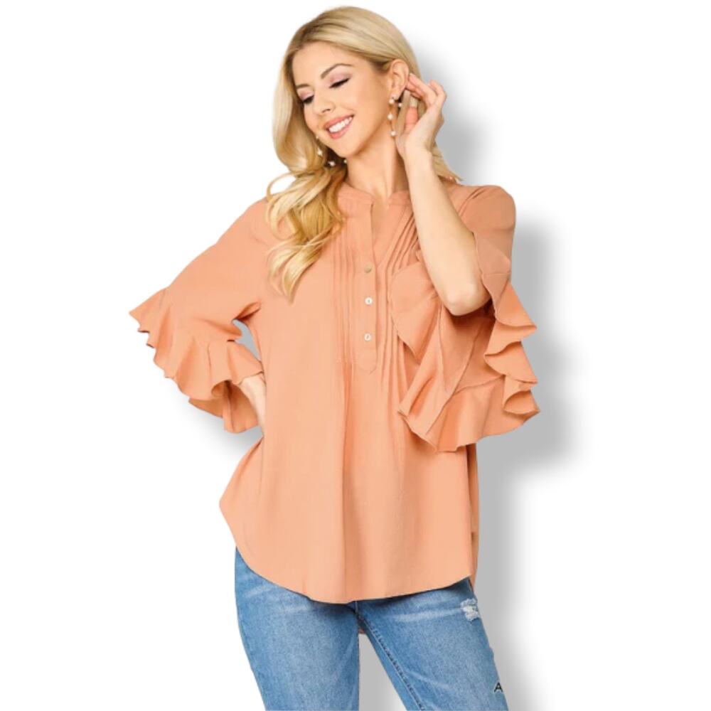 GiGiO Apricot Ruffle Sleeve Pintuck Blouse Medium Boho Flowy High Low NWT